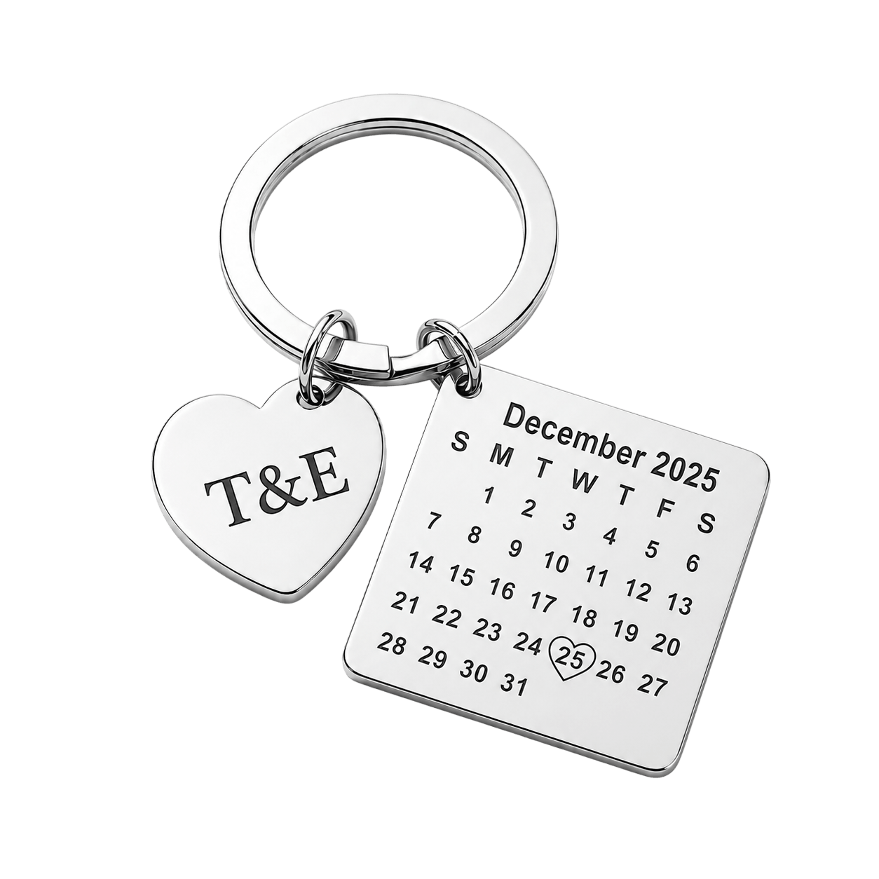 Silver keychain with letter and date customization