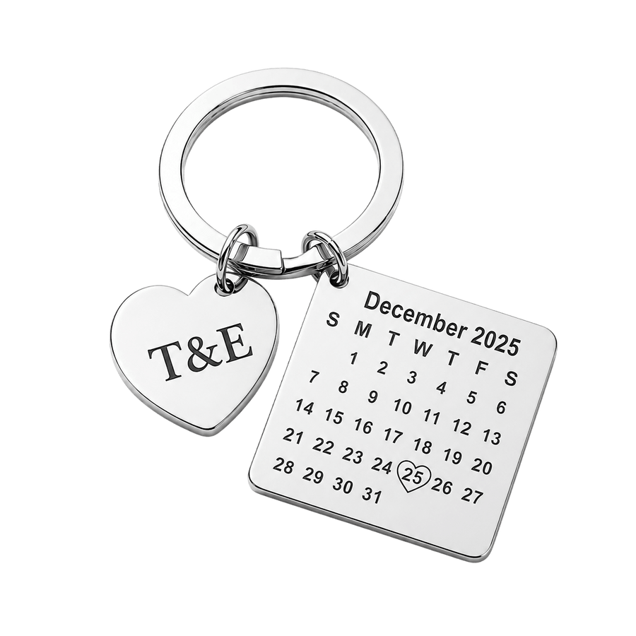 Silver keychain with letter and date customization
